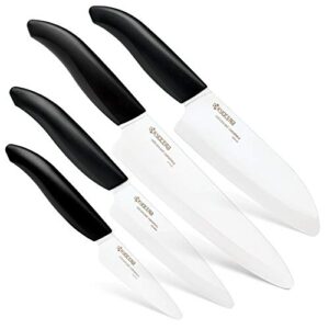kyocera's revolution 4-piece knife set includes 7" chef's santoku, 5.5" santoku, 4.5" utility & 3" paring-black/white