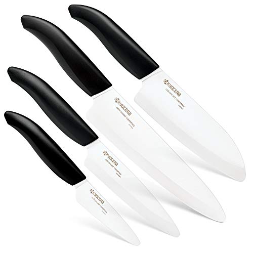 Kyocera's Revolution 4-Piece Knife Set Includes 7" Chef's Santoku, 5.5" Santoku, 4.5" Utility & 3" Paring-Black/White