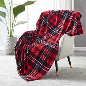 sochow flannel fleece throw blanket 50 × 60 inches, all season plaid red/grey blanket for bed, couch, car