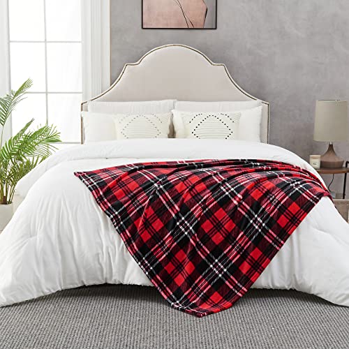 SOCHOW Flannel Fleece Throw Blanket 50 × 60 Inches, All Season Plaid Red/Grey Blanket for Bed, Couch, Car