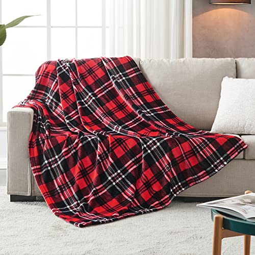 SOCHOW Flannel Fleece Throw Blanket 50 × 60 Inches, All Season Plaid Red/Grey Blanket for Bed, Couch, Car