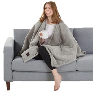 brookstone home decor - soft plush sherpa lined wearable electric heated poncho - 1 button 4-heat settings - auto shut off machine washable - warm fashionable living room & bedroom blanket (grey)