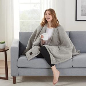 Brookstone Home Decor - Soft Plush Sherpa Lined Wearable Electric Heated Poncho - 1 Button 4-Heat Settings - Auto Shut Off Machine Washable - Warm Fashionable Living Room & Bedroom Blanket (Grey)