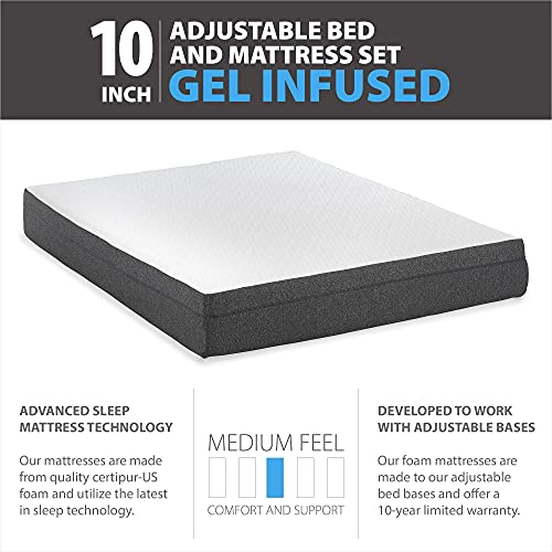 Blissful Nights 10" Gel Infused Medium Firm Memory Foam Mattress with e2 Adjustable Bed Frame Combo Set Head and Foot Incline Wired Remote (King)