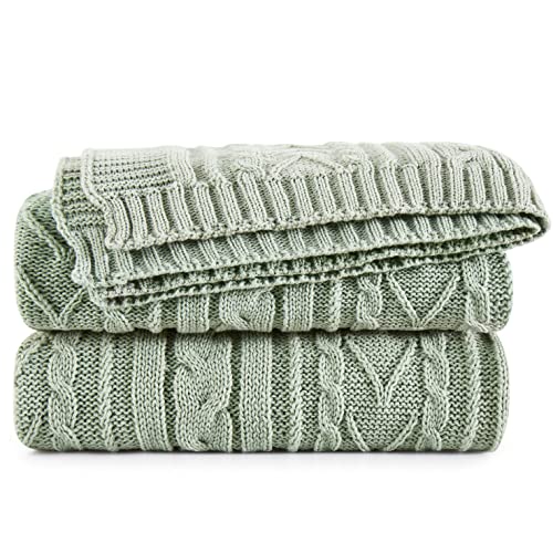 Aormenzy Sage Green Cable Knit Throw Blankets for Couch Bed Sofa, Acrylic Knitted Blanket, Soft Cozy Throw Blanket, 50" x 60"