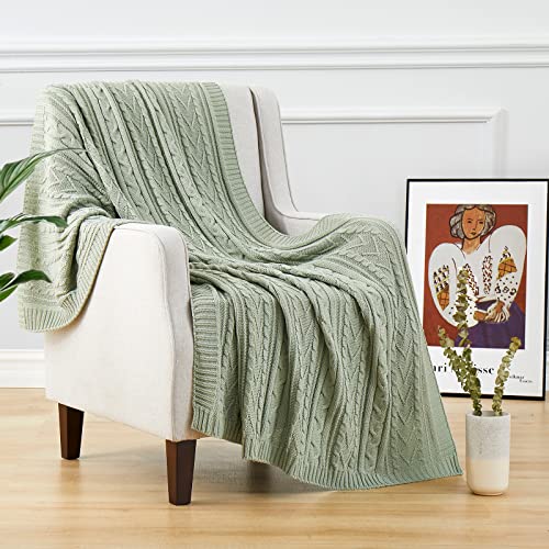 Aormenzy Sage Green Cable Knit Throw Blankets for Couch Bed Sofa, Acrylic Knitted Blanket, Soft Cozy Throw Blanket, 50" x 60"