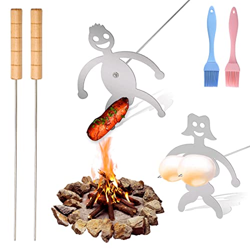 KOWSi® New Upgrade Boy and Girl 2PCS Barbecue Forks | Novelty Funny Bonfire Grill Stick | Stainless Steel Long Camping Skewers | Campfire BBQ Cookware Accessories with Basting Brushes (Boy & Girl)