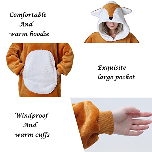 Queenshin Orange Fox Hoodie Wearable Blanket Oversized Sweatshirt for Adults, Comfy Flannel Animal Body Blanket Sherpa Lined, One Size for All