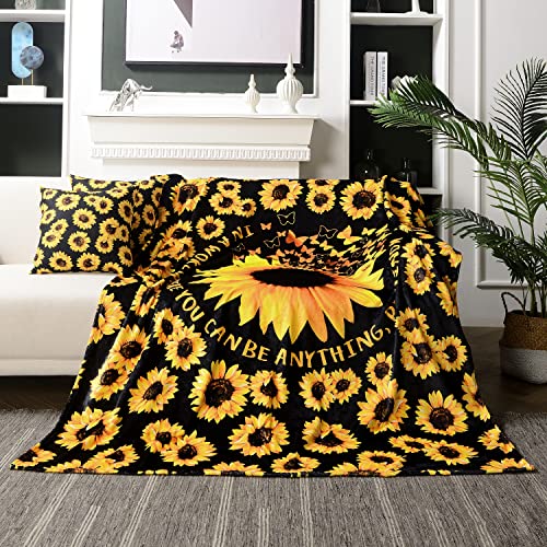 WIBUE Sunflower Blanket 50"x40" with 2 Sunflower Pillow Covers 18"x18",Decorative Fleece Throw Blanket 3 Piece Set,Fuzzy Soft Cozy Warm Lightweight Blanket for Sofa,Couch,Bed,Travel,Camping