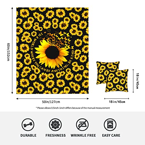 WIBUE Sunflower Blanket 50"x40" with 2 Sunflower Pillow Covers 18"x18",Decorative Fleece Throw Blanket 3 Piece Set,Fuzzy Soft Cozy Warm Lightweight Blanket for Sofa,Couch,Bed,Travel,Camping