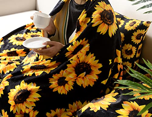 WIBUE Sunflower Blanket 50"x40" with 2 Sunflower Pillow Covers 18"x18",Decorative Fleece Throw Blanket 3 Piece Set,Fuzzy Soft Cozy Warm Lightweight Blanket for Sofa,Couch,Bed,Travel,Camping