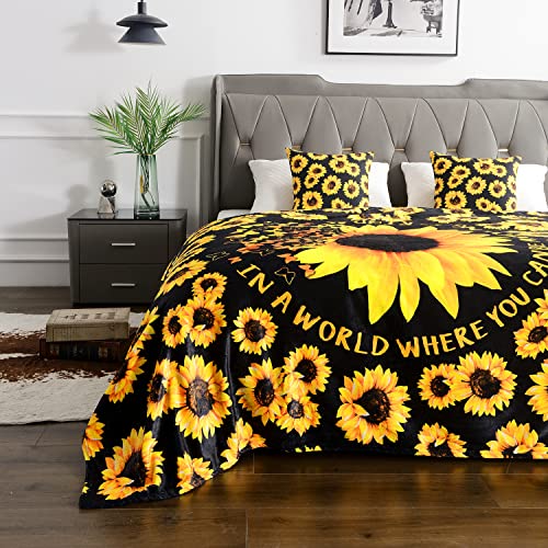 WIBUE Sunflower Blanket 50"x40" with 2 Sunflower Pillow Covers 18"x18",Decorative Fleece Throw Blanket 3 Piece Set,Fuzzy Soft Cozy Warm Lightweight Blanket for Sofa,Couch,Bed,Travel,Camping