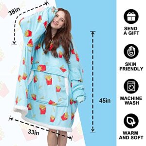 yescool Wearable Blanket Hoodie for Adult, Oversized Hoodies Sweatshirt for Women Packable Blanket Cozy Sherpa Blanket with Giant Hood Sleeves, Soft Fuzzy Big Hooded Blanket Men Gifts (Fries, Blue)