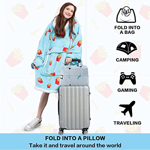 yescool Wearable Blanket Hoodie for Adult, Oversized Hoodies Sweatshirt for Women Packable Blanket Cozy Sherpa Blanket with Giant Hood Sleeves, Soft Fuzzy Big Hooded Blanket Men Gifts (Fries, Blue)