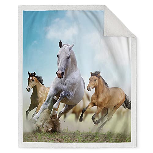 Jekeno Horse Blanket for Girls Women - Galloping Running Wild Horses Print Fleece Couch Throw Blanket Super Soft Plush Comfort Warm Sherpa Bed Blankets Gifts for Kids Boys Men Twin Adults 50"x60"