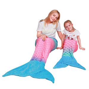 softan Adults Mermaid Tail Blanket, Ladies Mermaid Tail Blanket, Mermaid Tail Blankets for Girls with Rainbow Ombre Fish Scale Design, Plush Flannel Fleece Mermaid Blanket Gift for Women - 25" x 60"