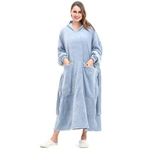 aolige wearable blanket hoodie oversized warm fuzzy sweatshirt blankets with 2 large front pockets and sleeves for adult, women, men,teens (light blue)