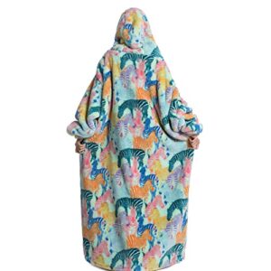 Oversized Blanket Hoodie Lengthened Wearable Hooded Sweatshirt Long for Adult Men Women Super Soft Comfortable Warm with Pocket Sleeves Colorful Zebra