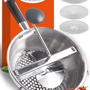 Food Mill Stainless Steel With 3 Discs - Best Rotary Food Mills For Tomato Sauce, Potatoes, Baby Food or Canning - Soft Silicone Handle and Dishwasher Safe - Includes 21 Digital Recipes with Videos