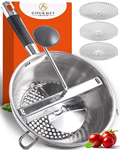 Food Mill Stainless Steel With 3 Discs - Best Rotary Food Mills For Tomato Sauce, Potatoes, Baby Food or Canning - Soft Silicone Handle and Dishwasher Safe - Includes 21 Digital Recipes with Videos