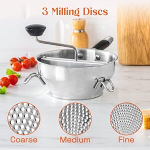 Food Mill Stainless Steel With 3 Discs - Best Rotary Food Mills For Tomato Sauce, Potatoes, Baby Food or Canning - Soft Silicone Handle and Dishwasher Safe - Includes 21 Digital Recipes with Videos