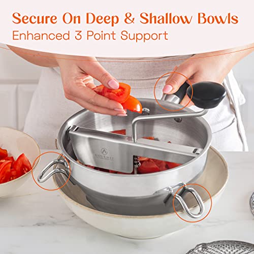 Food Mill Stainless Steel With 3 Discs - Best Rotary Food Mills For Tomato Sauce, Potatoes, Baby Food or Canning - Soft Silicone Handle and Dishwasher Safe - Includes 21 Digital Recipes with Videos