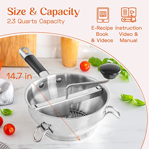 Food Mill Stainless Steel With 3 Discs - Best Rotary Food Mills For Tomato Sauce, Potatoes, Baby Food or Canning - Soft Silicone Handle and Dishwasher Safe - Includes 21 Digital Recipes with Videos