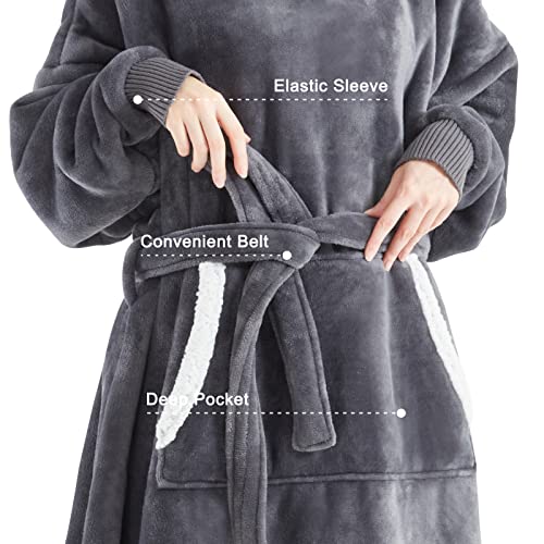 Touchat Wearable Blanket Hoodie, Flannel Sherpa Fleece Hooded Blanket, Oversized Hoodie for Adults Women Men, Sweatshirt Blanket with Hood, Pocket & Sleeves,Gifts for Wife,Mom,One Size Fits All（Grey）