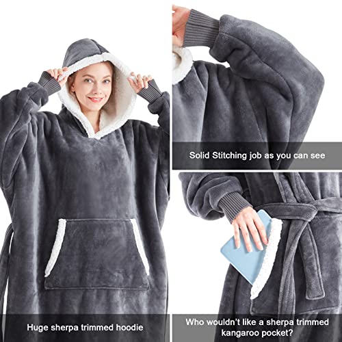 Touchat Wearable Blanket Hoodie, Flannel Sherpa Fleece Hooded Blanket, Oversized Hoodie for Adults Women Men, Sweatshirt Blanket with Hood, Pocket & Sleeves,Gifts for Wife,Mom,One Size Fits All（Grey）