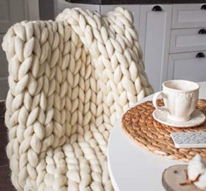 chunky knit blanket hand made merino wool throw boho bedroom sofa home decor giant yarn(ivory white 40"x60")