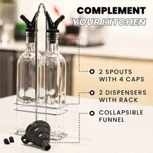 Zeppoli Olive Oil Dispenser Bottle Set - Stainless Steel Rack 2 Pack - Oil & Vinegar Dispenser Set - 4 Removable Dual Spout, Pouring Funnel -17 oz Oil & Vinegar Glass Bottle Set-Oil Cruet for Kitchen