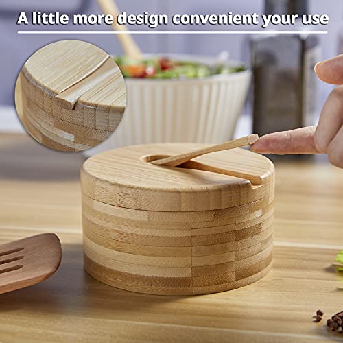 Bivvclaz Large Salt Spice Box with Swivel Lid Bamboo Salt Cellar with Lid and Spoon, 2-Compartment Salt Pepper Bowls for Salt & Spices, Salt Container Holder for Sea Salts, Dual 6 oz