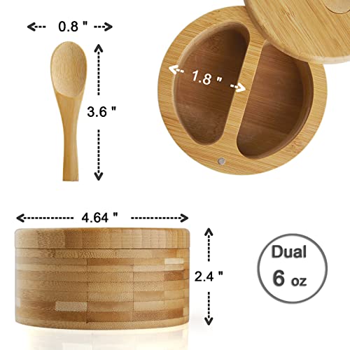 Bivvclaz Large Salt Spice Box with Swivel Lid Bamboo Salt Cellar with Lid and Spoon, 2-Compartment Salt Pepper Bowls for Salt & Spices, Salt Container Holder for Sea Salts, Dual 6 oz