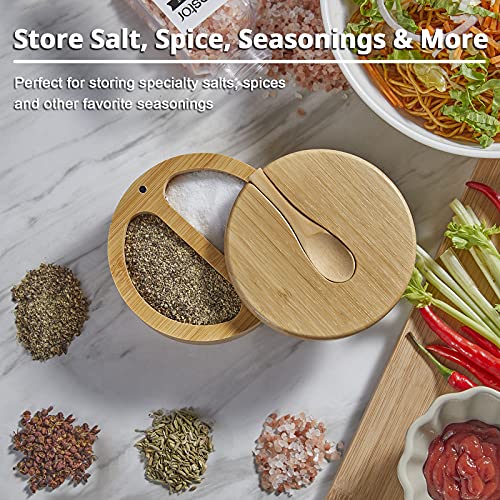 Bivvclaz Large Salt Spice Box with Swivel Lid Bamboo Salt Cellar with Lid and Spoon, 2-Compartment Salt Pepper Bowls for Salt & Spices, Salt Container Holder for Sea Salts, Dual 6 oz