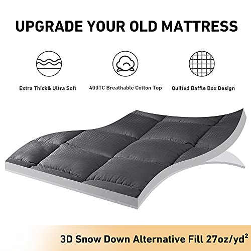 Atarashi 3 Inch Thick Mattress Topper King,400TC Pillow Top Mattress Topper,Soft Cotton Mattress Pad Cover,Breathable & Plush Down Alternative Fill,Fit to 8”-21” Mattress，Gray