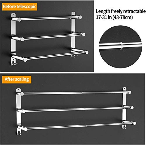 Stretchable 24-30 Inches Towel Bar for Bathroom Kitchen Hand Towel Holder Dish Cloths Hanger SUS304 Stainless Steel RUSTPROOF Wall Mount No Drill Sdjustable (3 bar)