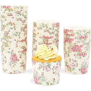 50-pack vintage style floral cupcake wrappers for wedding, birthday party, flower paper baking cups and muffin liners for tea party decorations (2.2 x 2.7 inches)