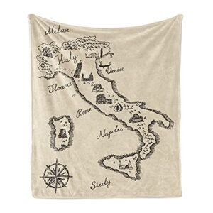 lunarable italy throw blanket, vintage style italian political map with city names engraved style with wind rose, flannel fleece accent piece soft couch cover for adults, 50" x 70", beige taupe