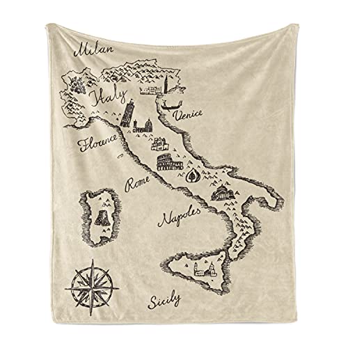 Lunarable Italy Throw Blanket, Vintage Style Italian Political Map with City Names Engraved Style with Wind Rose, Flannel Fleece Accent Piece Soft Couch Cover for Adults, 50" x 70", Beige Taupe