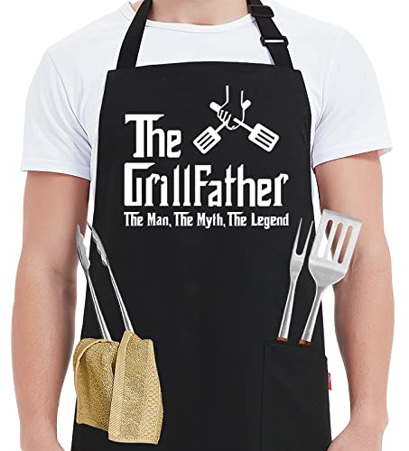 Kaidouma Funny Aprons for Men Dad with 2 Pockets - The Grillfather - Dad Birthday Gifts from Daughter Son - Father's Day Christmas Gift for Dad Chef Kitchen Bib Apron for Cooking, Grilling, BBQ