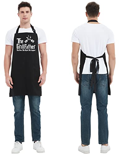 Kaidouma Funny Aprons for Men Dad with 2 Pockets - The Grillfather - Dad Birthday Gifts from Daughter Son - Father's Day Christmas Gift for Dad Chef Kitchen Bib Apron for Cooking, Grilling, BBQ