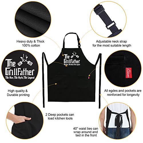 Kaidouma Funny Aprons for Men Dad with 2 Pockets - The Grillfather - Dad Birthday Gifts from Daughter Son - Father's Day Christmas Gift for Dad Chef Kitchen Bib Apron for Cooking, Grilling, BBQ