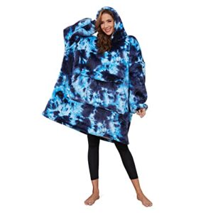 esran wearable blanket hoodie sweatshirt for women and men with sleeves and big pockets super warm one size fits all(dark blue tie-dye)