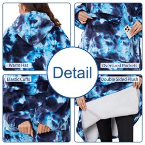 Esran Wearable Blanket Hoodie Sweatshirt for Women and Men with Sleeves and Big Pockets Super Warm One Size Fits All(Dark Blue Tie-dye)