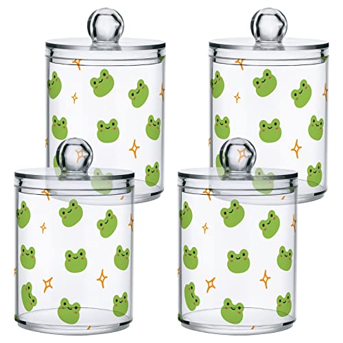 Bulletgxll Apothecary Jar with Lids 2 Pack Cute Frog Qtip Holder Clear Plastic Containers Bathroom Vanity Countertop Organizer for Cotton Swabs, Cosmetic Pads, Sponges, Flossers