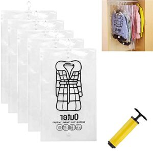 hanging compressible storage bag, reusable vacuum storage bags, clothes vacuum organizer, vacuum seal bags for suits, dress coats, jackets (5pcs,m(67*90cm))