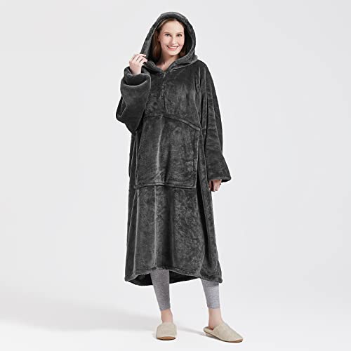 BOBOR Sweatshirt Blanket, Oversized Wearable Hoodie Fleece Blanket with Large Front Pocket for Adults, Men, Women, and Kids, Super Soft Fuzzy Warm Comfortable Flannel Blanket（Dark Gray）