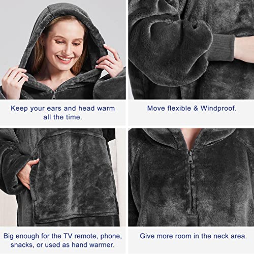 BOBOR Sweatshirt Blanket, Oversized Wearable Hoodie Fleece Blanket with Large Front Pocket for Adults, Men, Women, and Kids, Super Soft Fuzzy Warm Comfortable Flannel Blanket（Dark Gray）