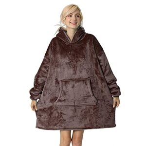 tormays oversized flannel blanket with long sleeves, wearable and cozy with large front pocket, sherpa fleece lining for adults, teens and children (33 inch, brown)