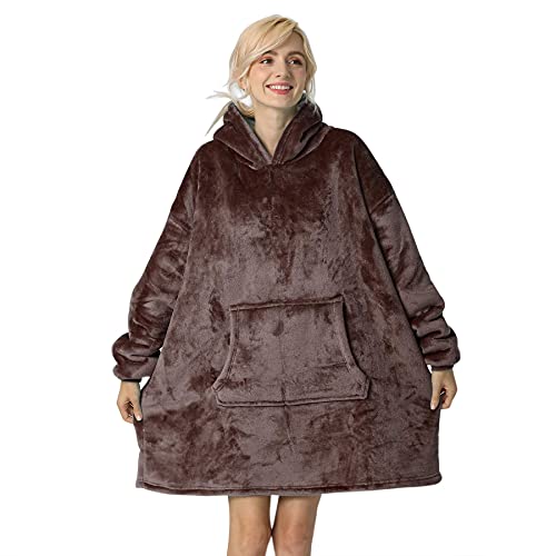 Tormays Oversized Flannel Blanket with Long Sleeves, Wearable and Cozy with Large Front Pocket, Sherpa Fleece Lining for Adults, Teens and Children (33 inch, Brown)